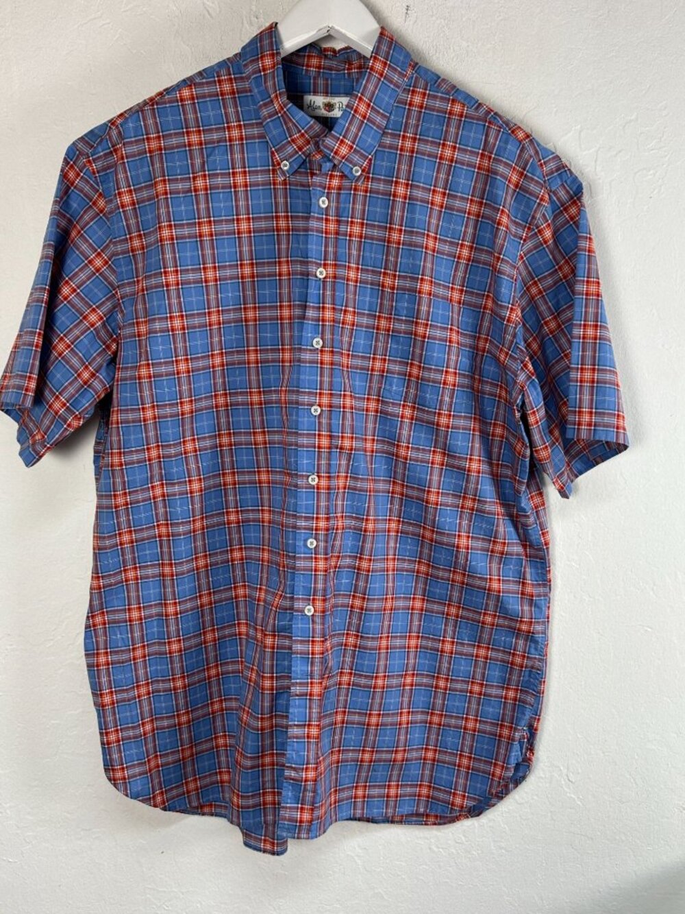 Alan Paine Mens Blue Red Plaid Short Sleeve Button-Down Shirt XL Cotton Casual